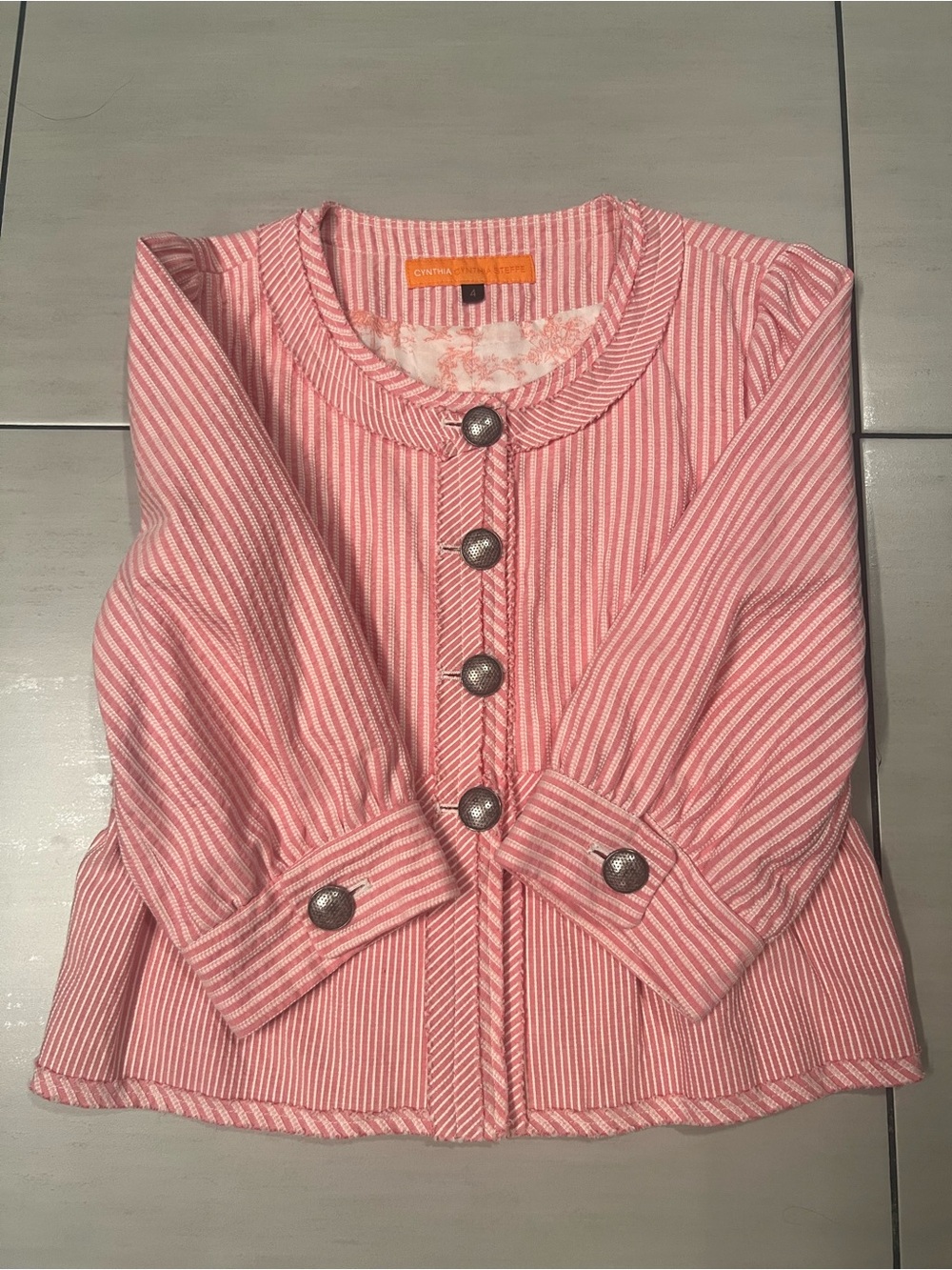Cynthia Steffe Pink and White Striped Cropped Peplum Jacket size 4 - Picture 3 of 5